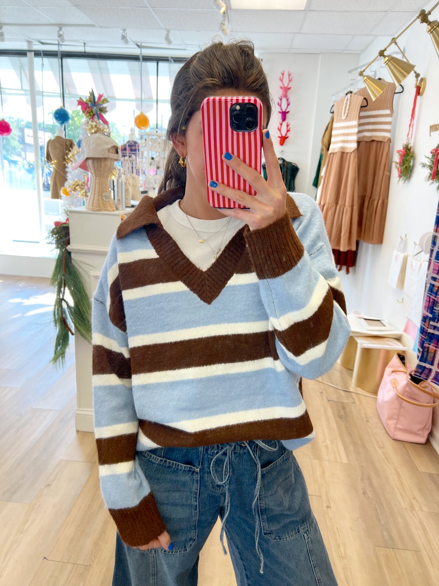 Sporty Stripe V neck Sweater