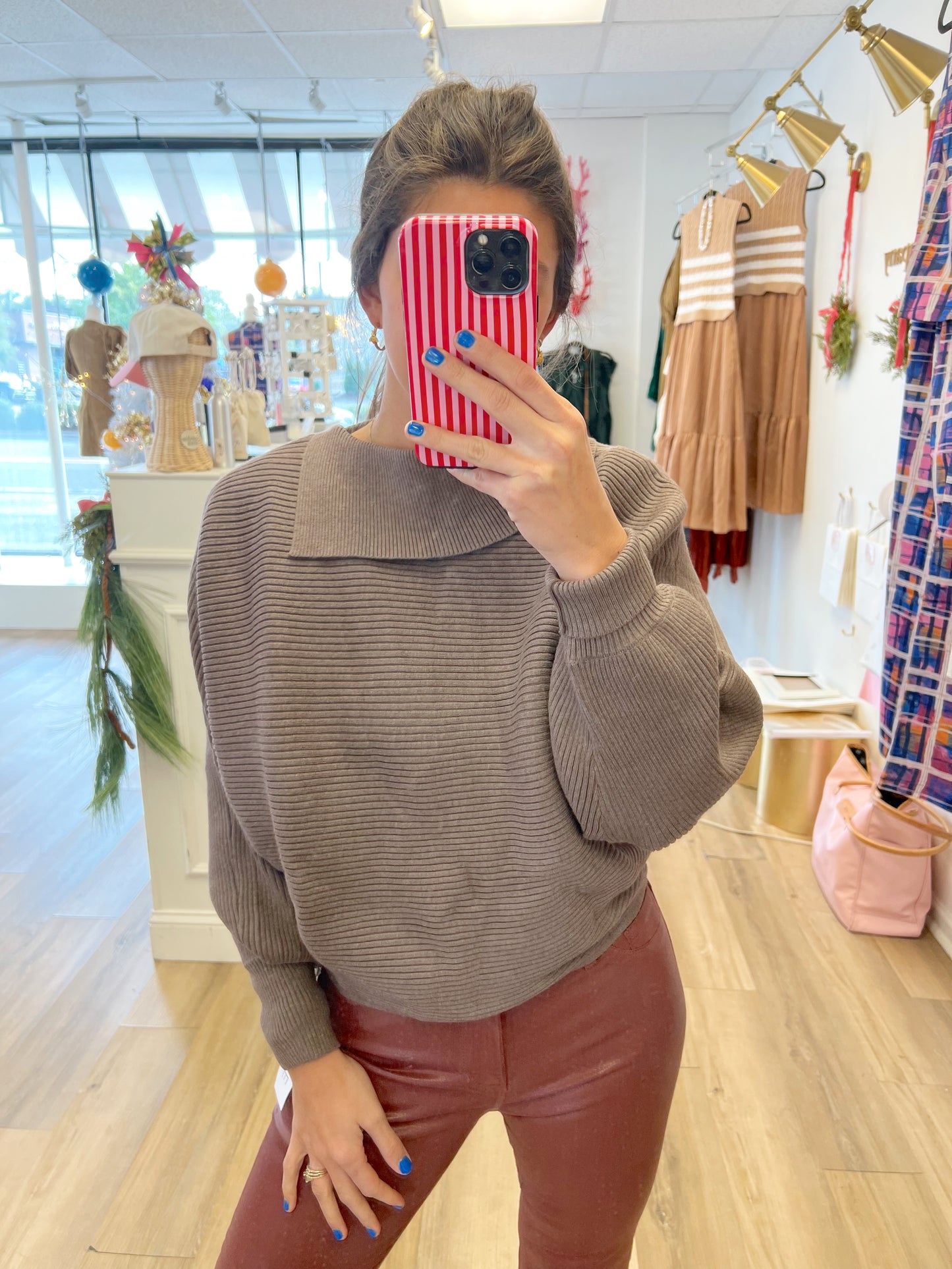 Fold Neck Ribbed Sweater