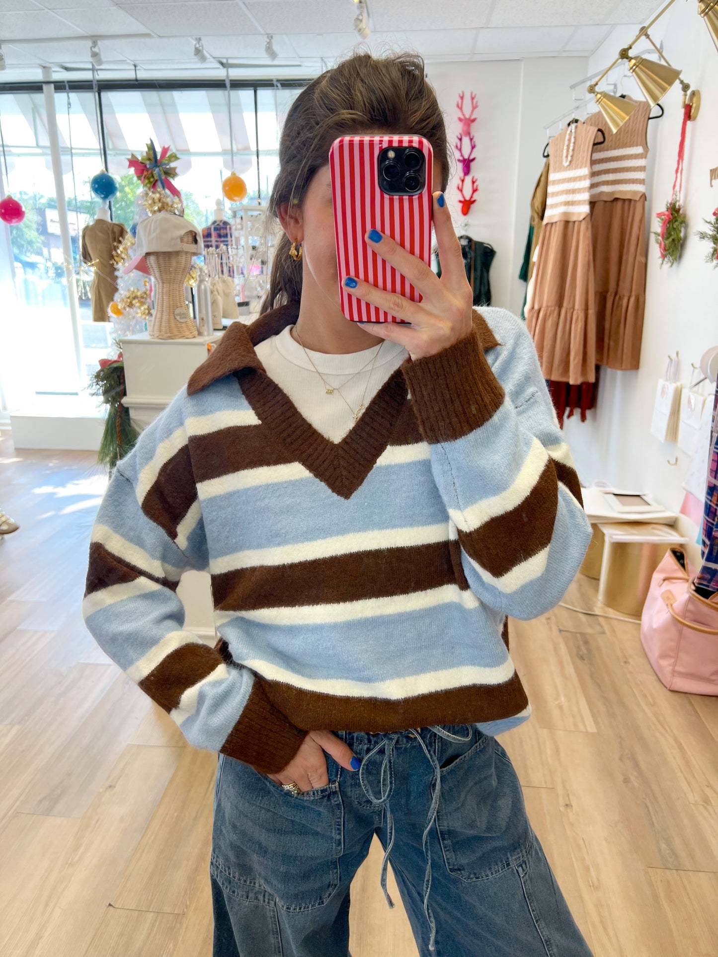 Sporty Stripe V neck Sweater